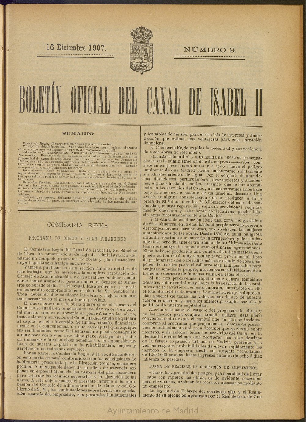 Boletn Oficial del Canal de Isabel II del 16 de diciembre de 1907, n 9