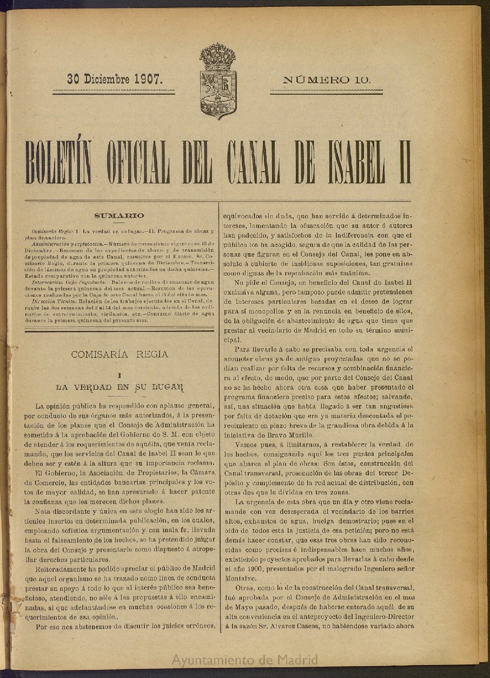 Boletín Oficial del Canal de Isabel II del 30 de diciembre de 1907, nº 10