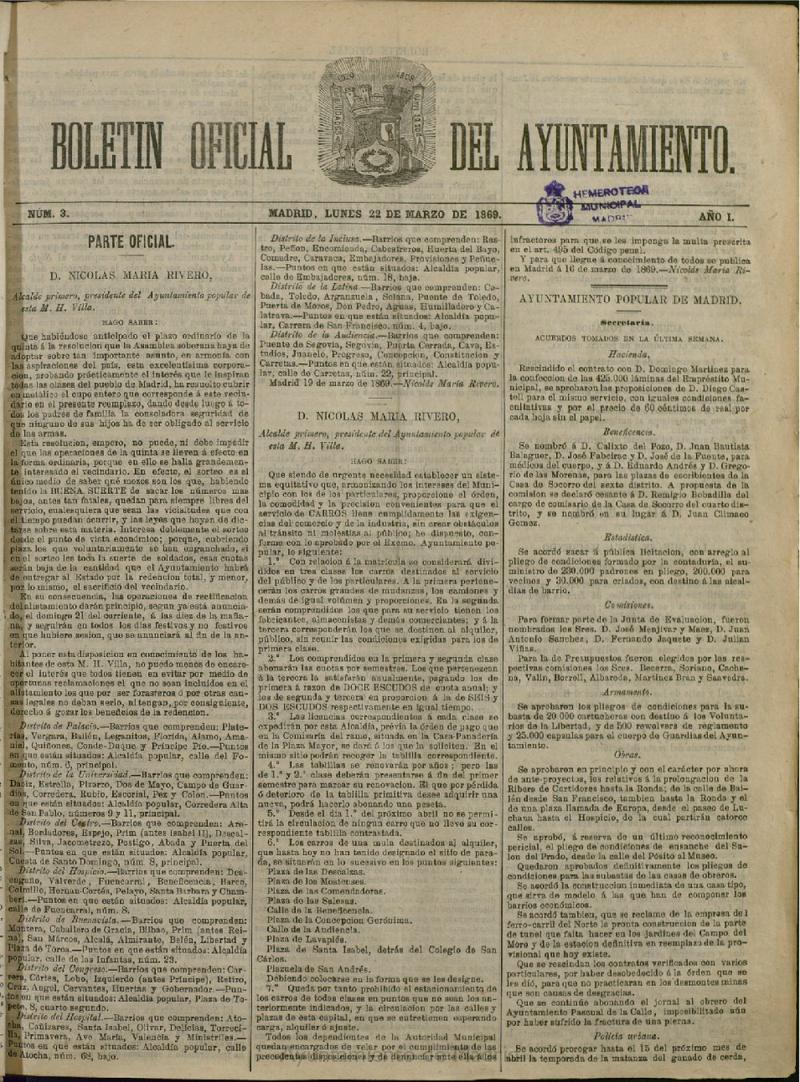 Boletín Oficial del Ayuntamiento de Madrid del 22 de marzo de 1869, nº 3