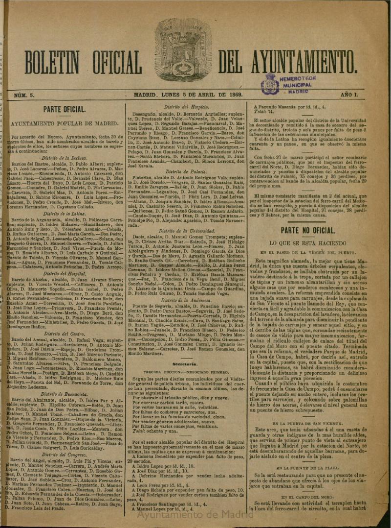 Boletín Oficial del Ayuntamiento de Madrid del 5 de abril de 1869, nº 5