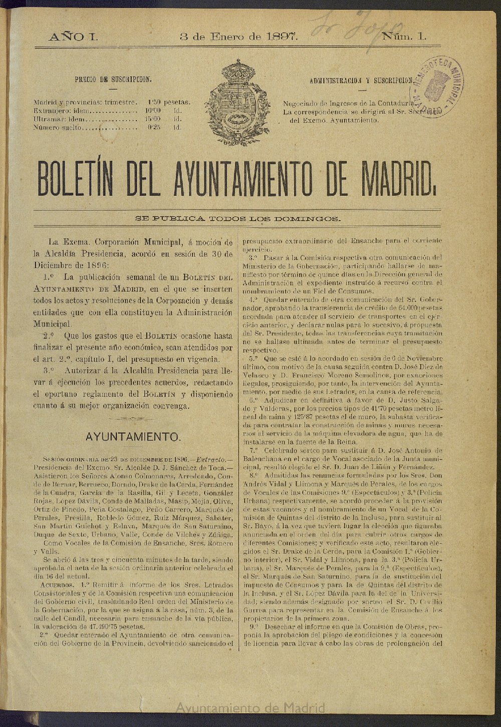 Boletín Oficial del Ayuntamiento de Madrid del 3 de enero de 1897, nº 1