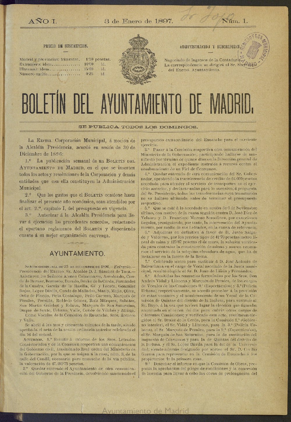 Boletn Oficial del Ayuntamiento de Madrid del 3 de enero de 1897, n 1