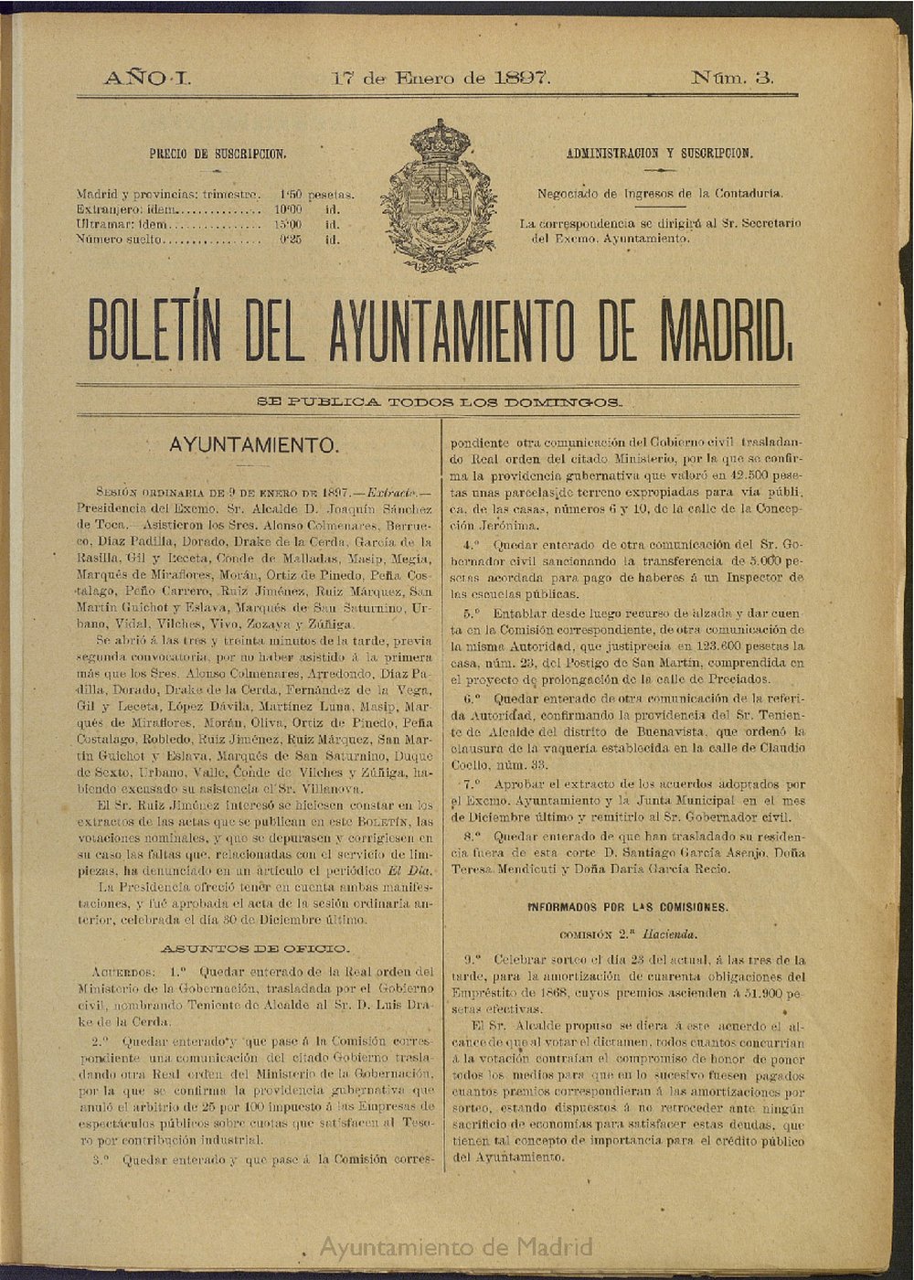 Boletn Oficial del Ayuntamiento de Madrid del 17 de enero de 1897, n 3