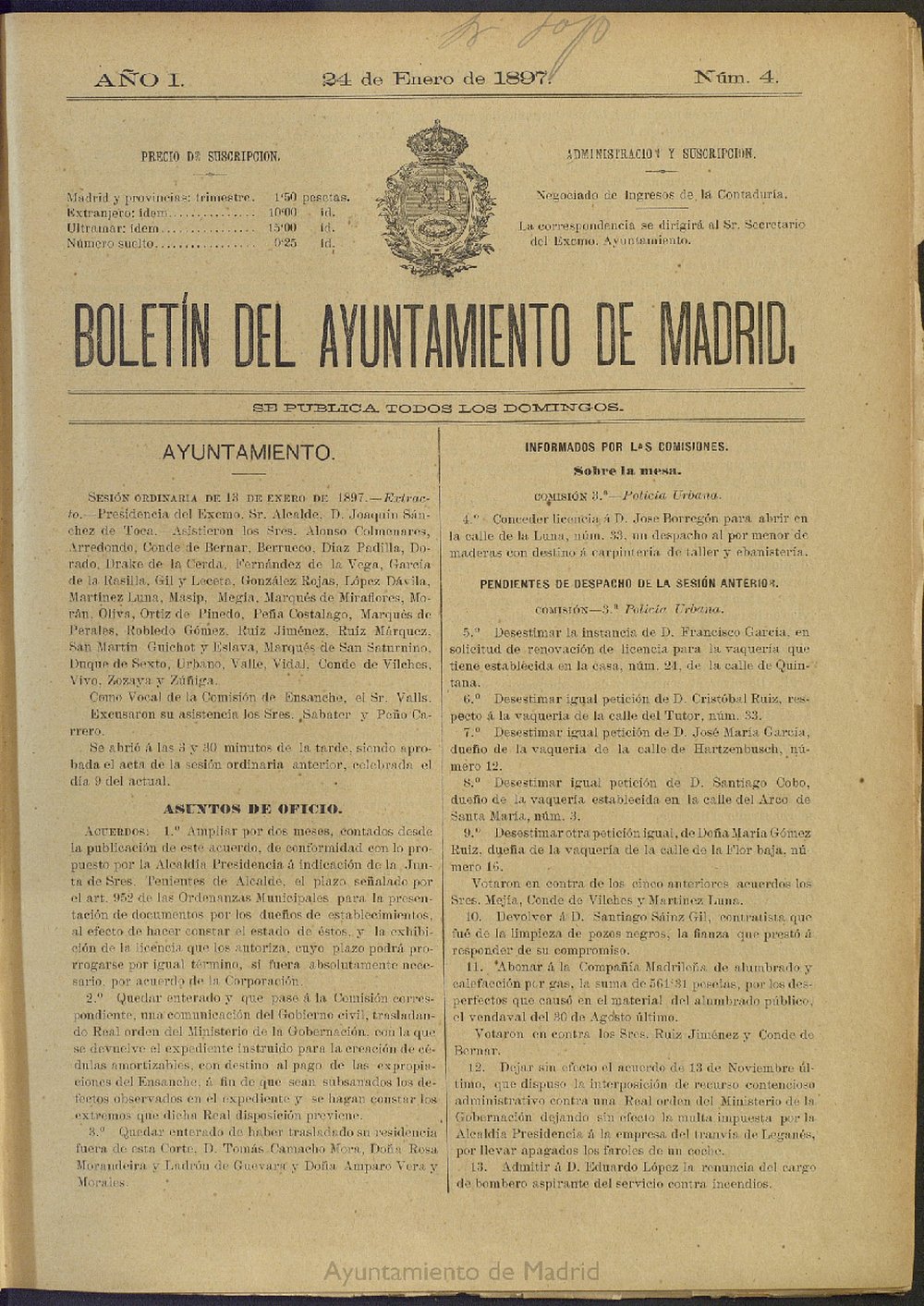 Boletín Oficial del Ayuntamiento de Madrid del 24 de enero de 1897, nº 4