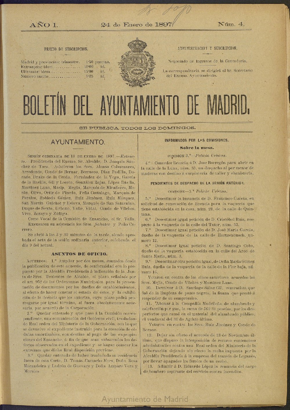 Boletn Oficial del Ayuntamiento de Madrid del 24 de enero de 1897, n 4