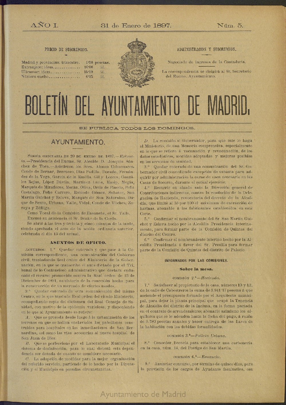 Boletín Oficial del Ayuntamiento de Madrid del 31 de enero de 1897, nº 5
