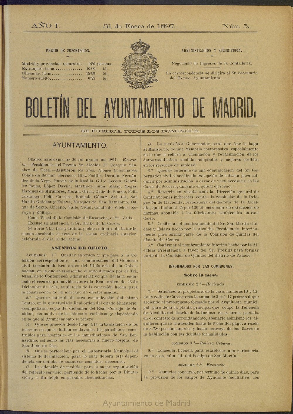 Boletn Oficial del Ayuntamiento de Madrid del 31 de enero de 1897, n 5
