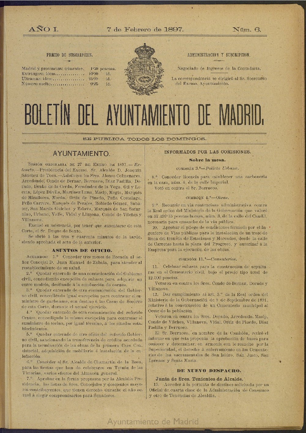Boletín Oficial del Ayuntamiento de Madrid del 7 de febrero de 1897, nº 6