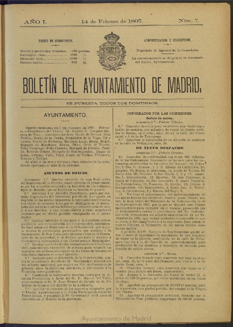 Boletín Oficial del Ayuntamiento de Madrid del 14 de febrero de 1897, nº 7