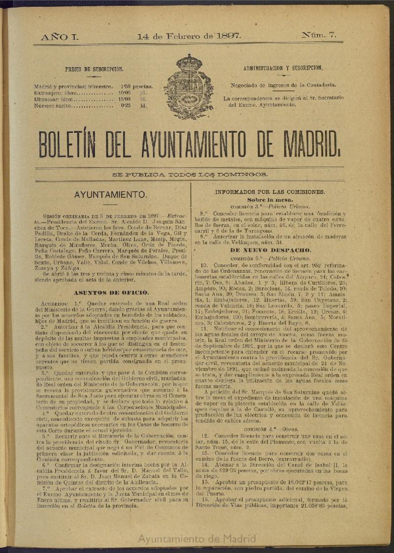 Boletn Oficial del Ayuntamiento de Madrid del 14 de febrero de 1897, n 7
