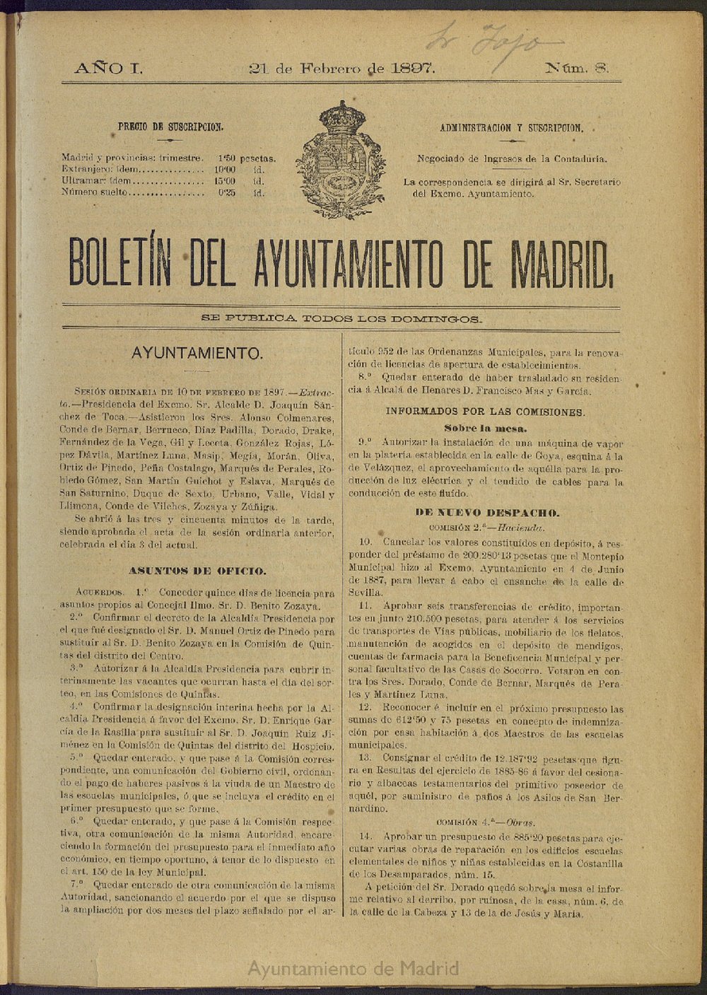 Boletn Oficial del Ayuntamiento de Madrid del 21 de febrero de 1897, n 8