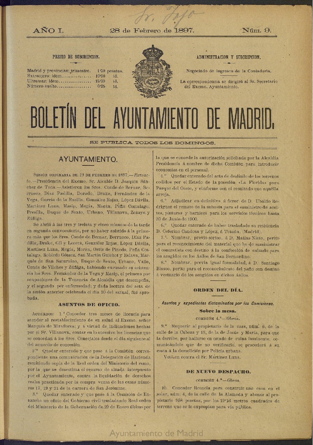 Boletín Oficial del Ayuntamiento de Madrid del 28 de febrero de 1897, nº 9