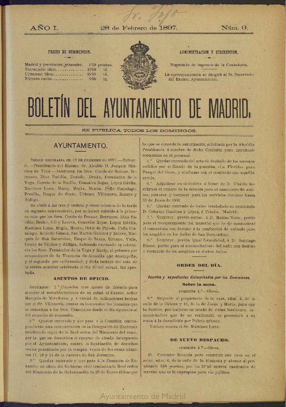 Boletn Oficial del Ayuntamiento de Madrid del 28 de febrero de 1897, n 9