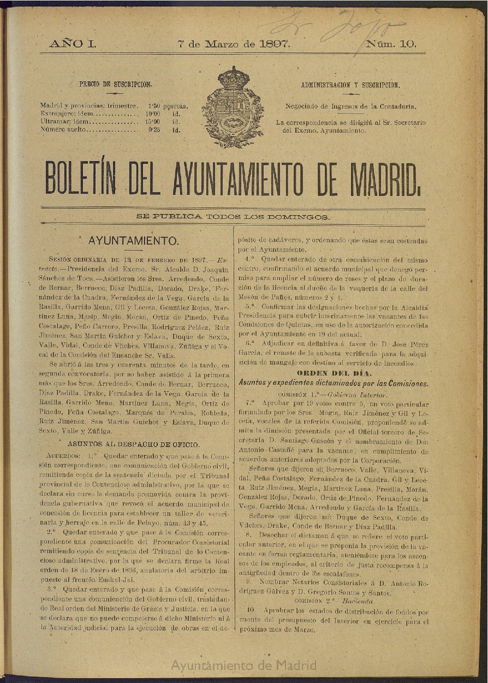 Boletín Oficial del Ayuntamiento de Madrid del 7 de marzo de 1897, nº 10