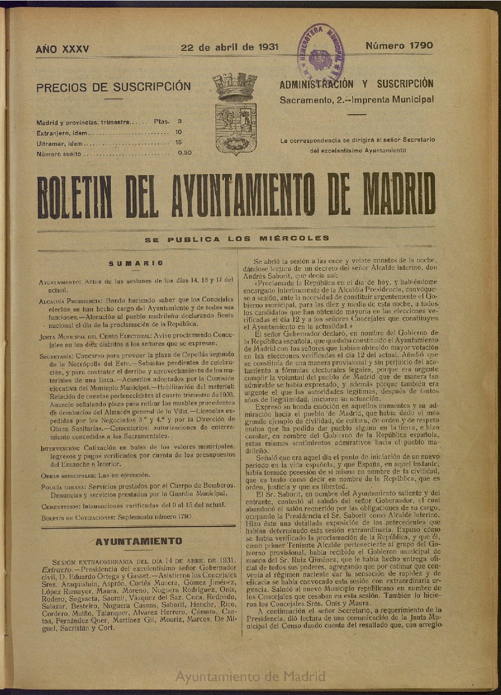 Boletn Oficial del Ayuntamiento de Madrid del 22 de abril de 1931, n 1790