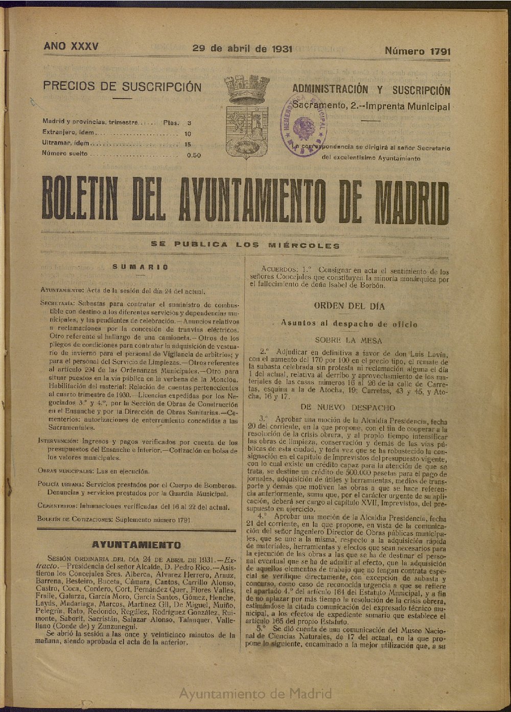 Boletín Oficial del Ayuntamiento de Madrid del 29 de abril de 1931, nº 1791
