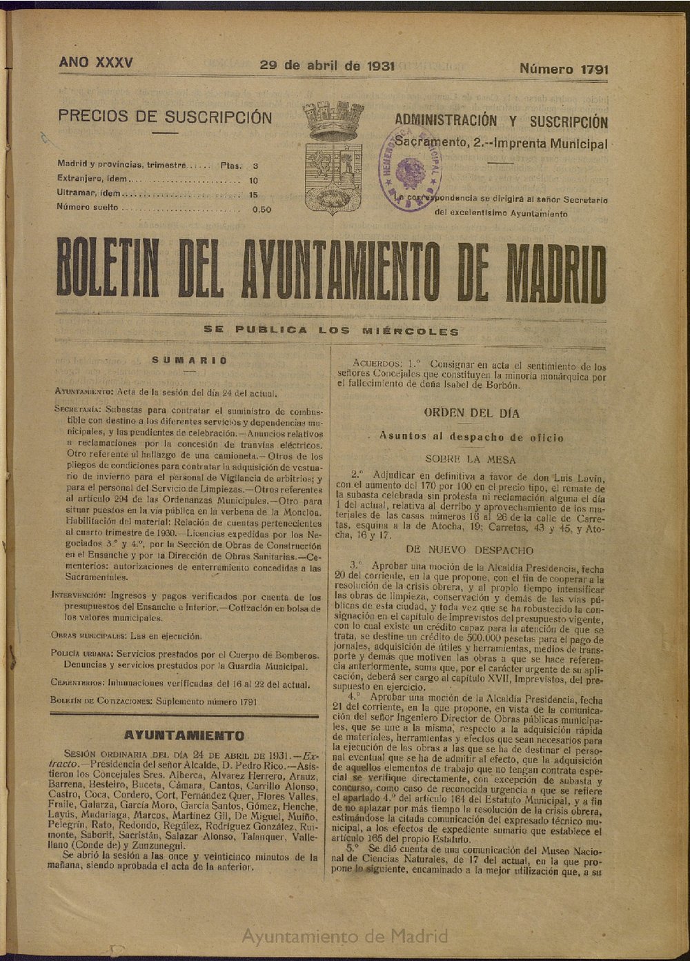 Boletn Oficial del Ayuntamiento de Madrid del 29 de abril de 1931, n 1791