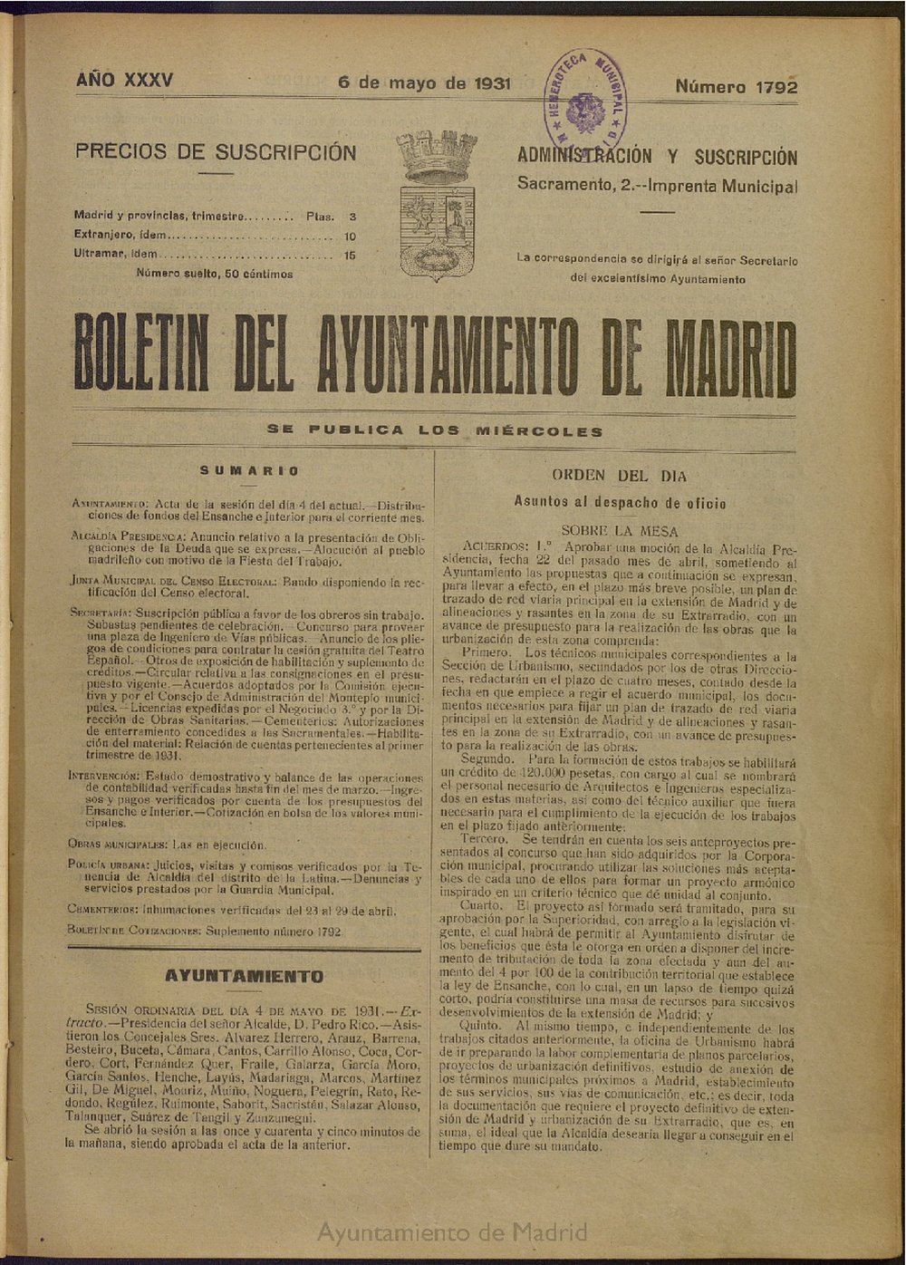 Boletín Oficial del Ayuntamiento de Madrid del 6 de mayo de 1931, nº 1792