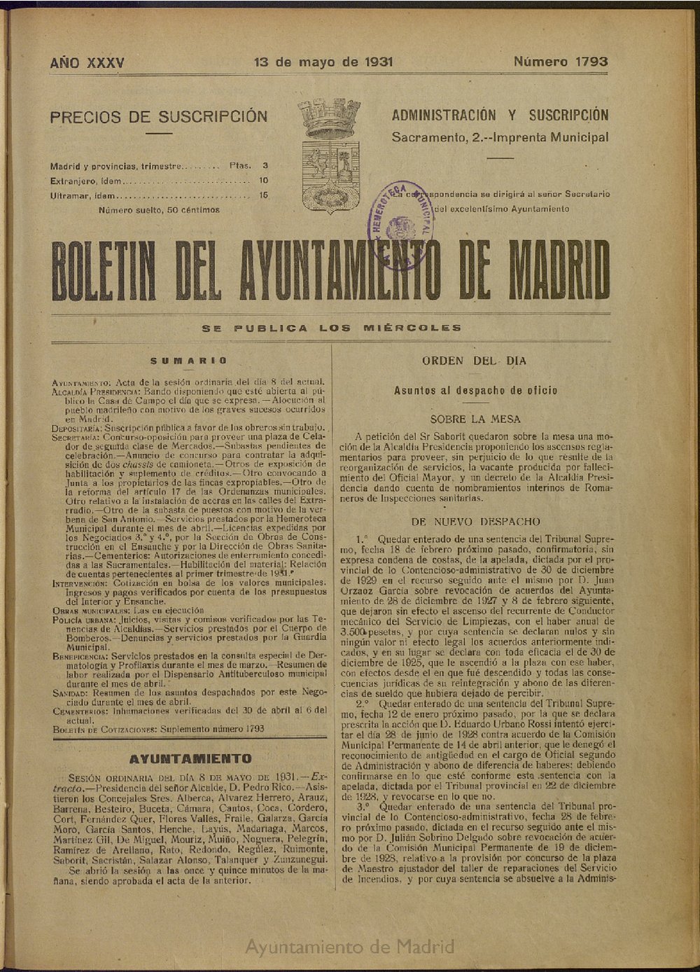 Boletín Oficial del Ayuntamiento de Madrid del 13 de mayo de 1931, nº 1793