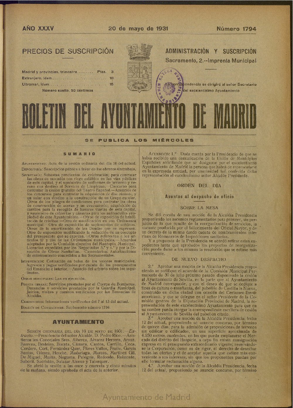 Boletín Oficial del Ayuntamiento de Madrid del 20 de mayo de 1931, nº 1794