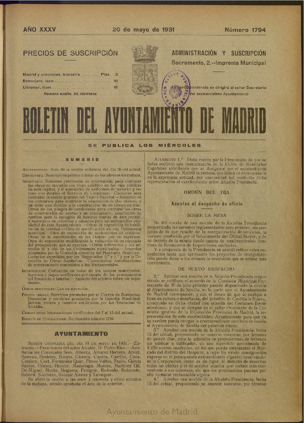 Boletn Oficial del Ayuntamiento de Madrid del 20 de mayo de 1931, n 1794