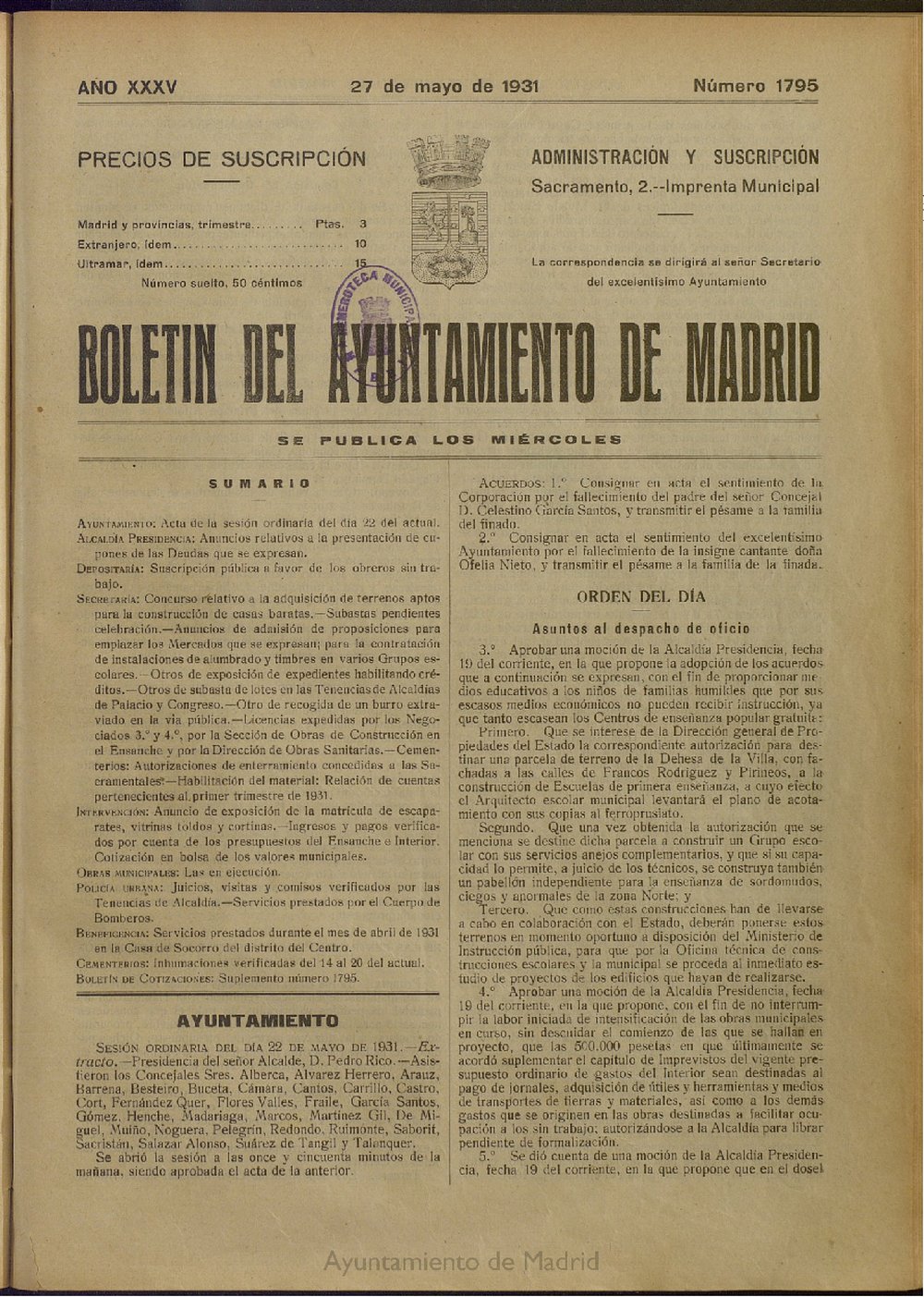 Boletín Oficial del Ayuntamiento de Madrid del 27 de mayo de 1931, nº 1795