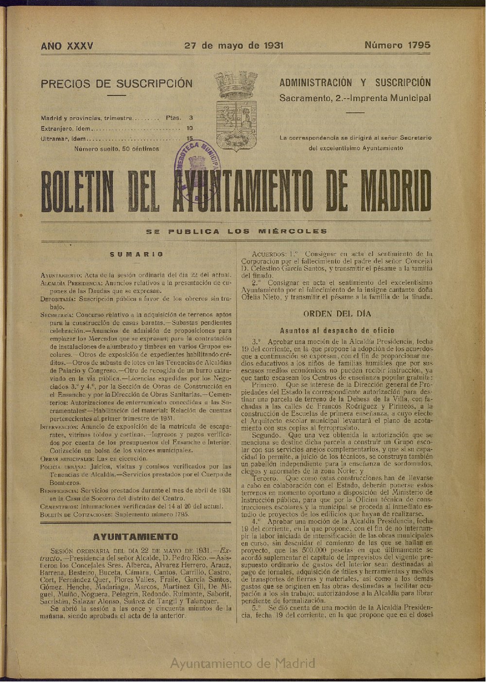 Boletn Oficial del Ayuntamiento de Madrid del 27 de mayo de 1931, n 1795