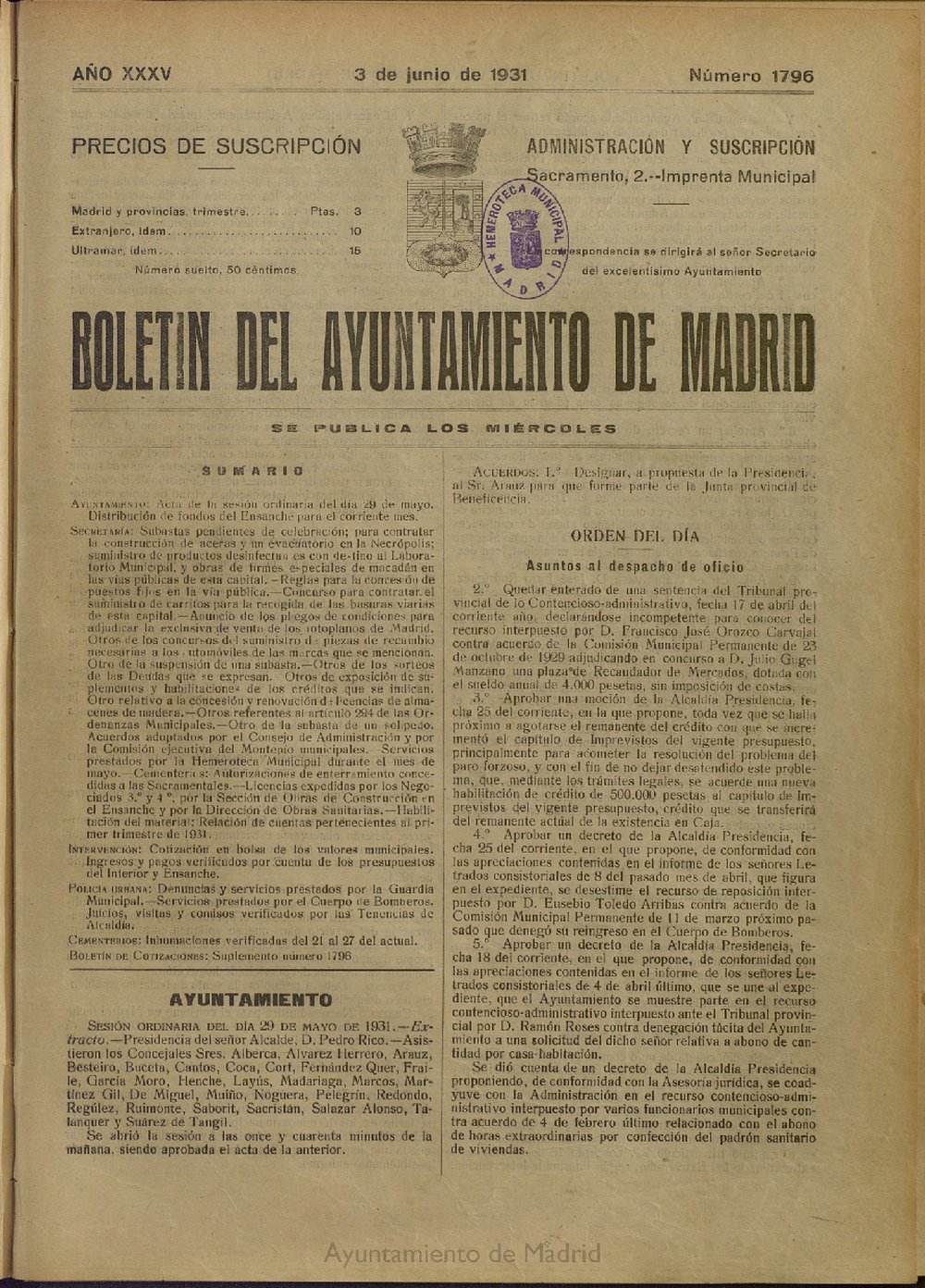 Boletín Oficial del Ayuntamiento de Madrid del 3 de junio de 1931, nº 1796