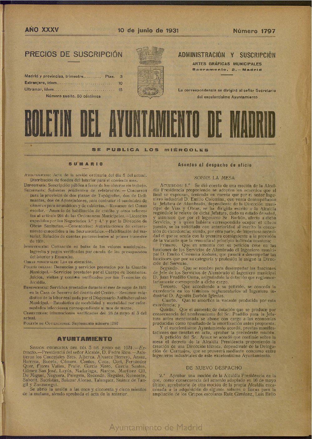 Boletín Oficial del Ayuntamiento de Madrid del 10 de junio de 1931, nº 1797