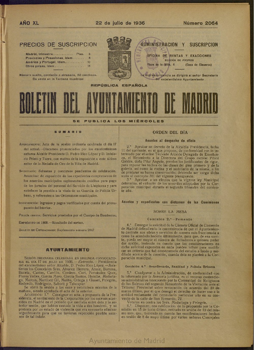 Boletn Oficial del Ayuntamiento de Madrid del 22 de julio de 1936, n 2064