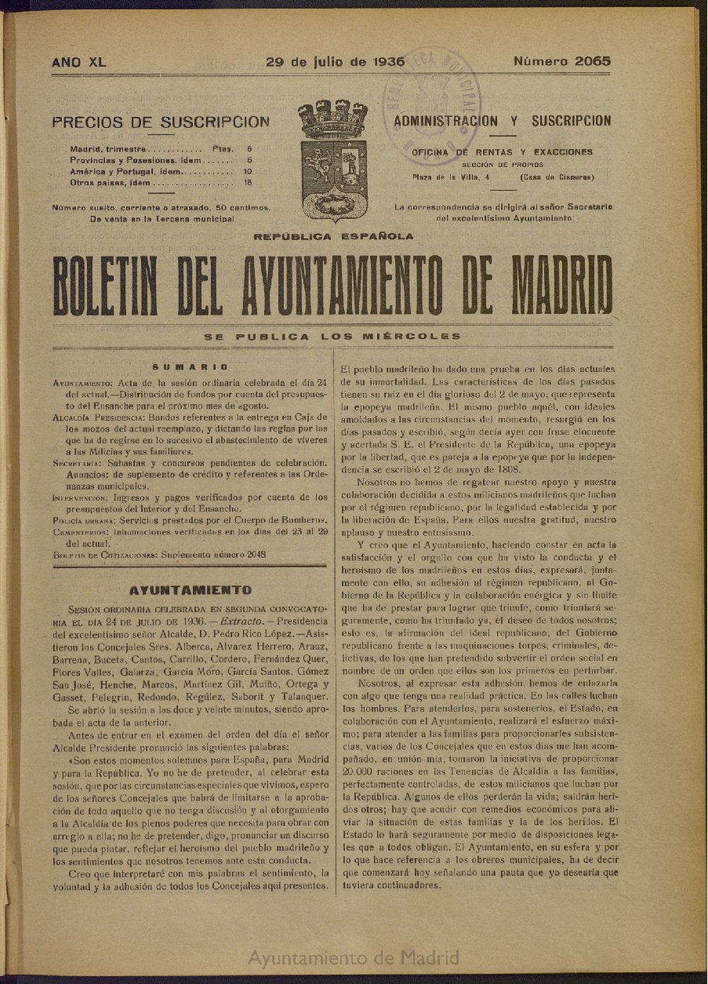 Boletín Oficial del Ayuntamiento de Madrid del 29 de julio de 1936, nº 2065