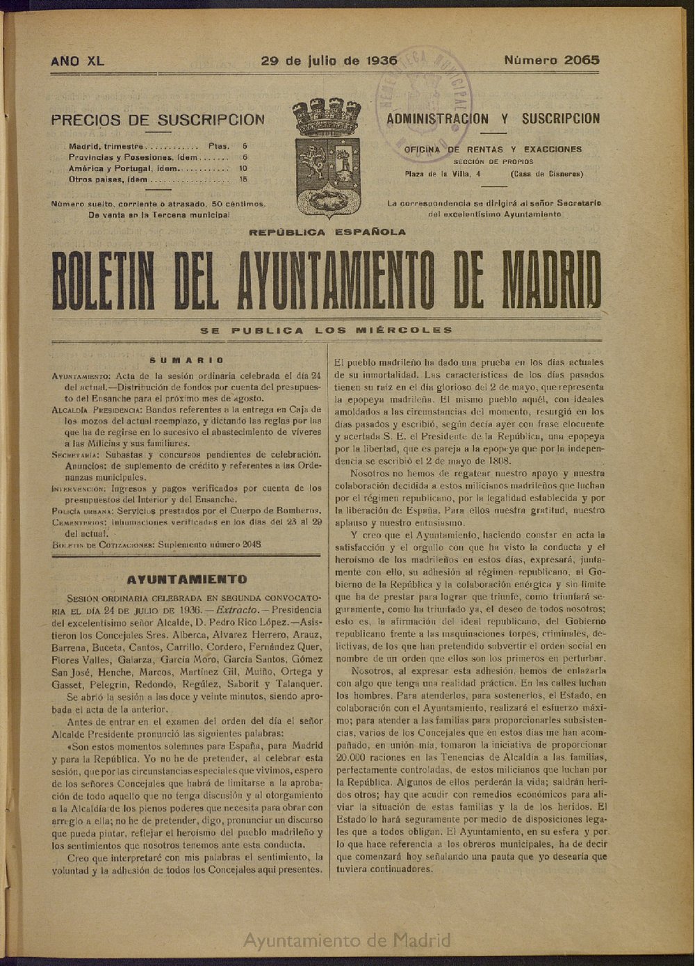 Boletn Oficial del Ayuntamiento de Madrid del 29 de julio de 1936, n 2065