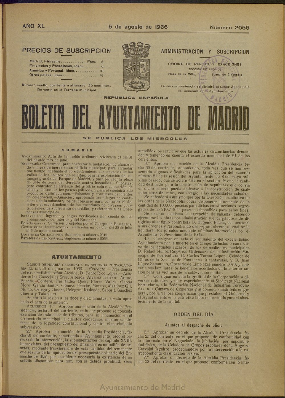 Boletín Oficial del Ayuntamiento de Madrid del 5 de agosto de 1936, nº 2066