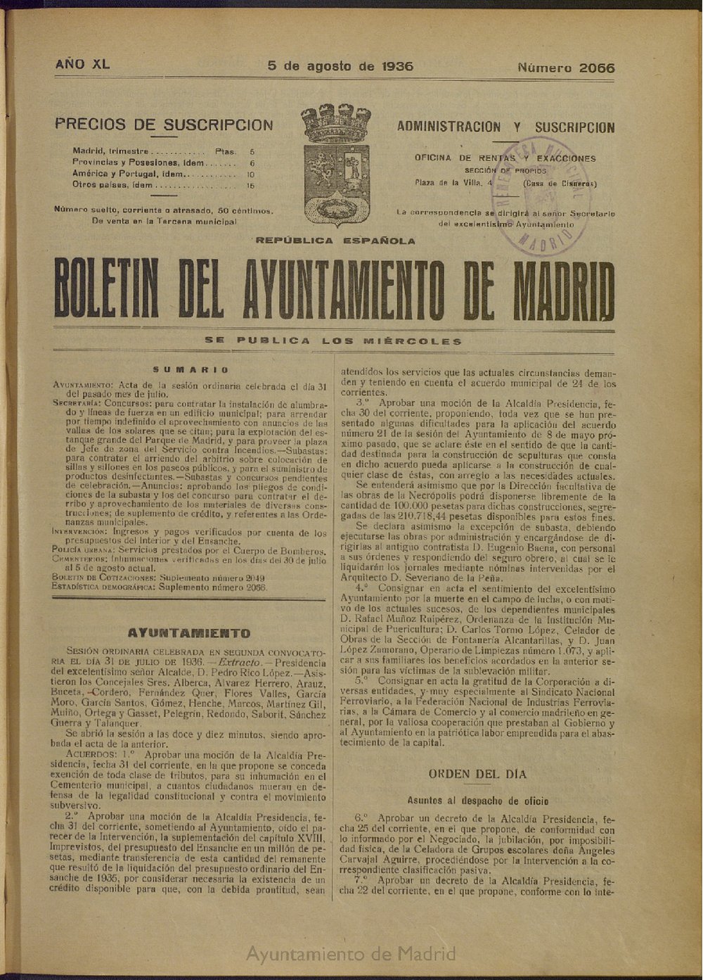 Boletn Oficial del Ayuntamiento de Madrid del 5 de agosto de 1936, n 2066