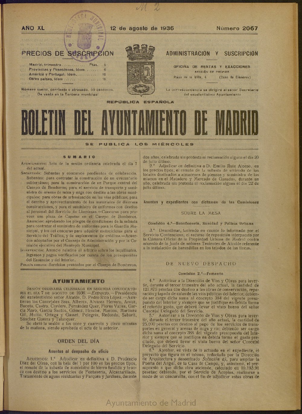 Boletín Oficial del Ayuntamiento de Madrid del 12 de agosto de 1936, nº 2067