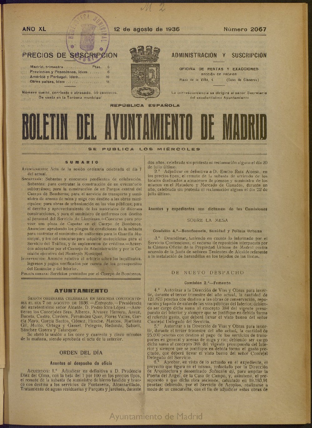 Boletn Oficial del Ayuntamiento de Madrid del 12 de agosto de 1936, n 2067