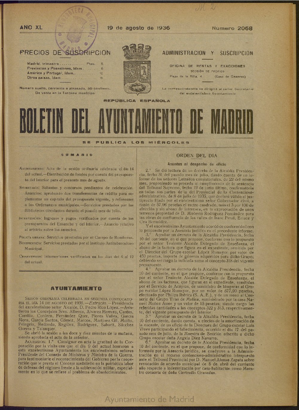 Boletn Oficial del Ayuntamiento de Madrid del 19 de agosto de 1936, n 2068