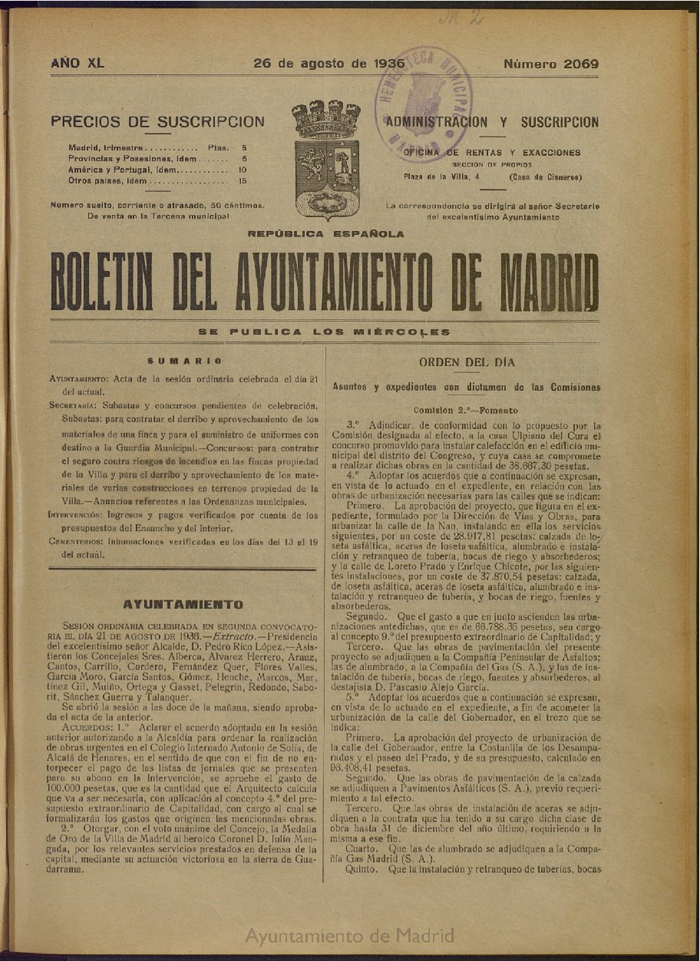 Boletín Oficial del Ayuntamiento de Madrid del 26 de agosto de 1936, nº 2069