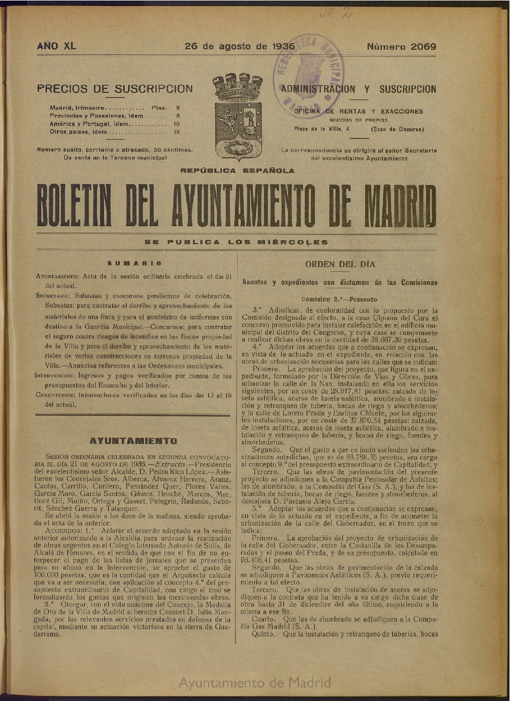 Boletn Oficial del Ayuntamiento de Madrid del 26 de agosto de 1936, n 2069