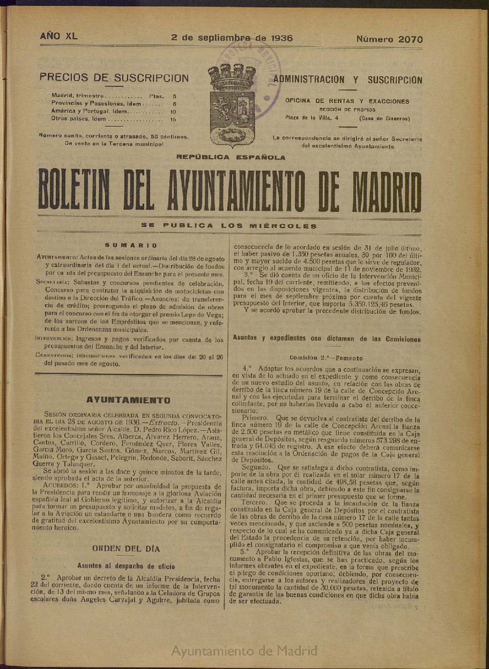Boletín Oficial del Ayuntamiento de Madrid del 2 de septiembre de 1936, nº 2070