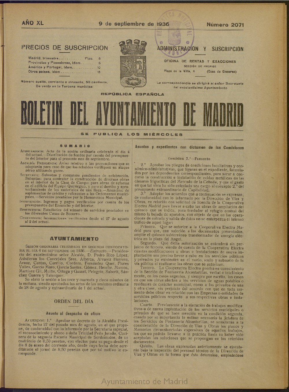 Boletín Oficial del Ayuntamiento de Madrid del 9 de septiembre de 1936, nº 2071