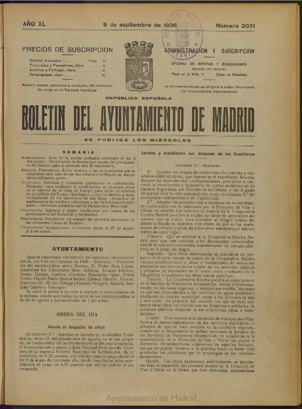 Boletn Oficial del Ayuntamiento de Madrid del 9 de septiembre de 1936, n 2071