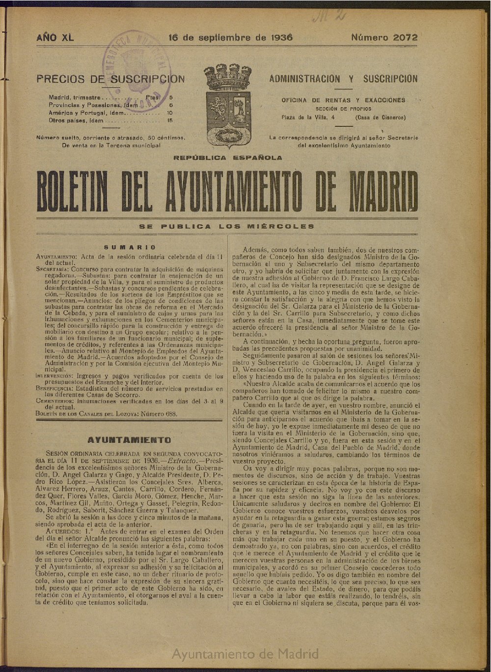 Boletín Oficial del Ayuntamiento de Madrid del 16 de septiembre de 1936, nº 2072