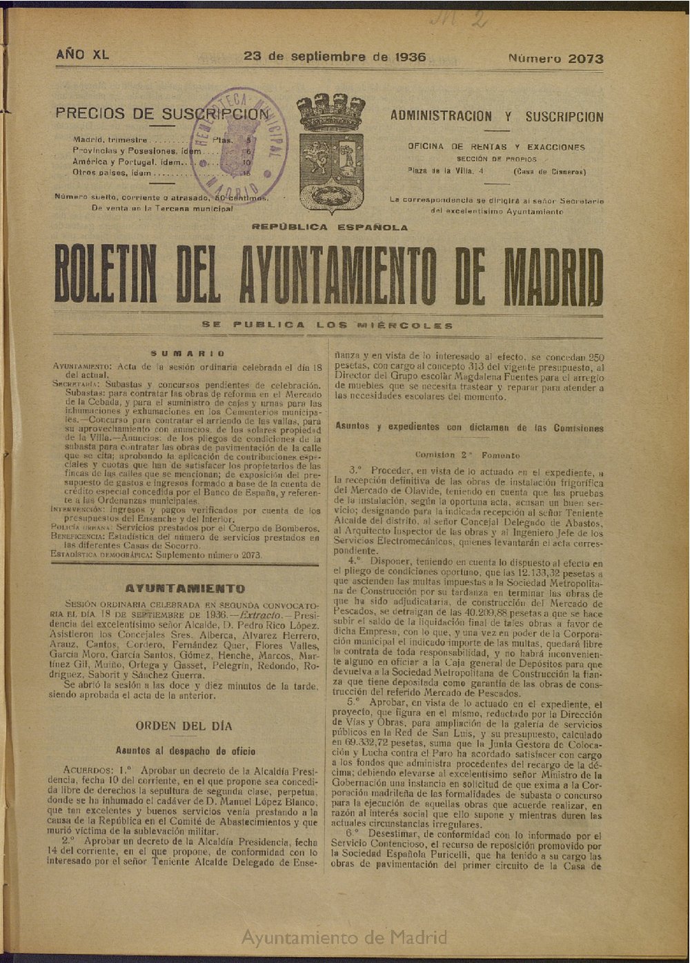 Boletín Oficial del Ayuntamiento de Madrid del 23 de septiembre de 1936, nº 2073