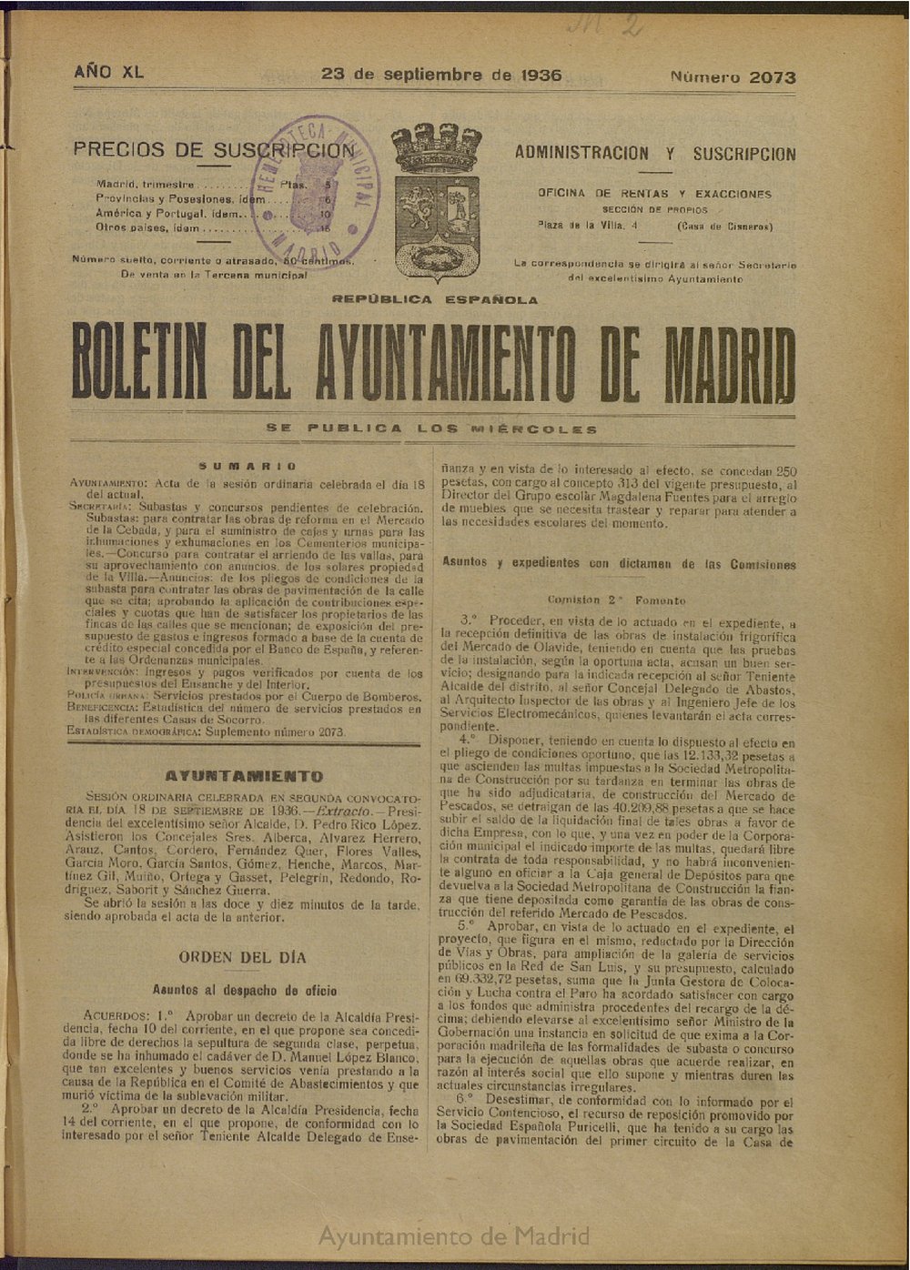Boletn Oficial del Ayuntamiento de Madrid del 23 de septiembre de 1936, n 2073