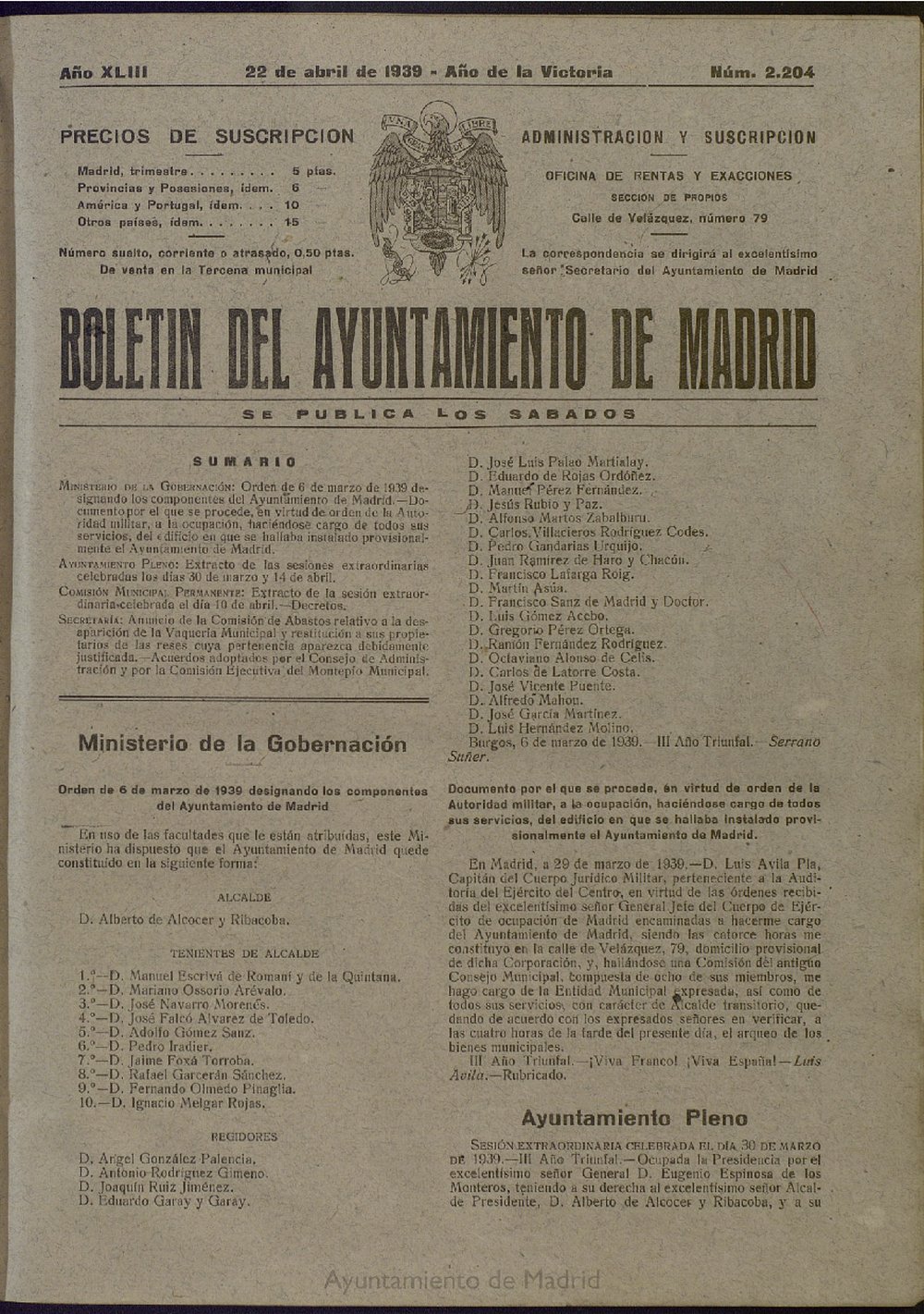 Boletín Oficial del Ayuntamiento de Madrid del 22 de abril de 1939, nº 2204 [sic]