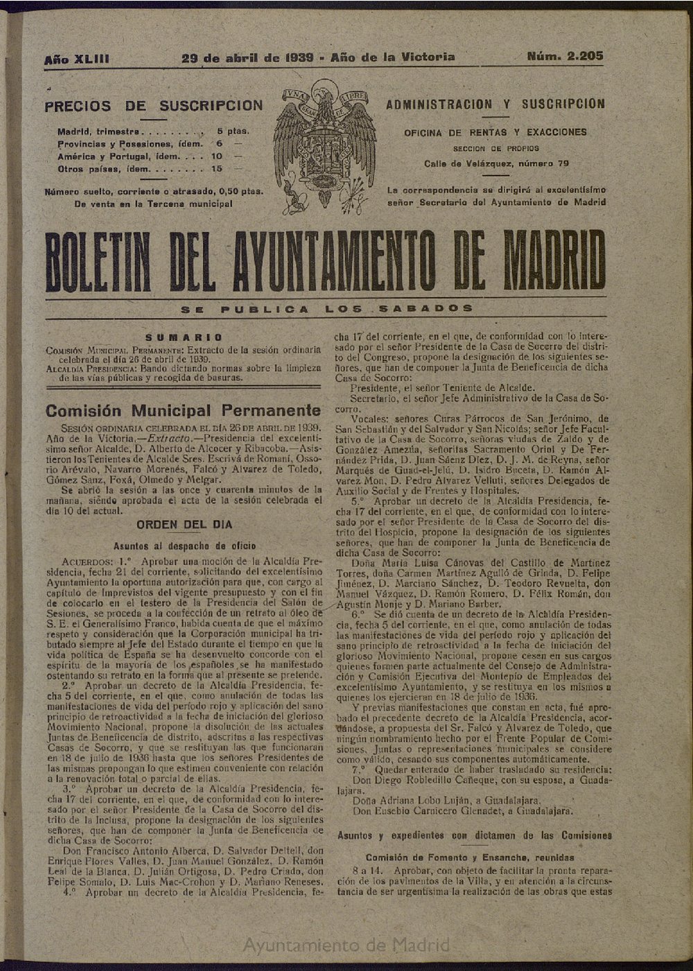 Boletín Oficial del Ayuntamiento de Madrid del 29 de abril de 1939, nº 2205