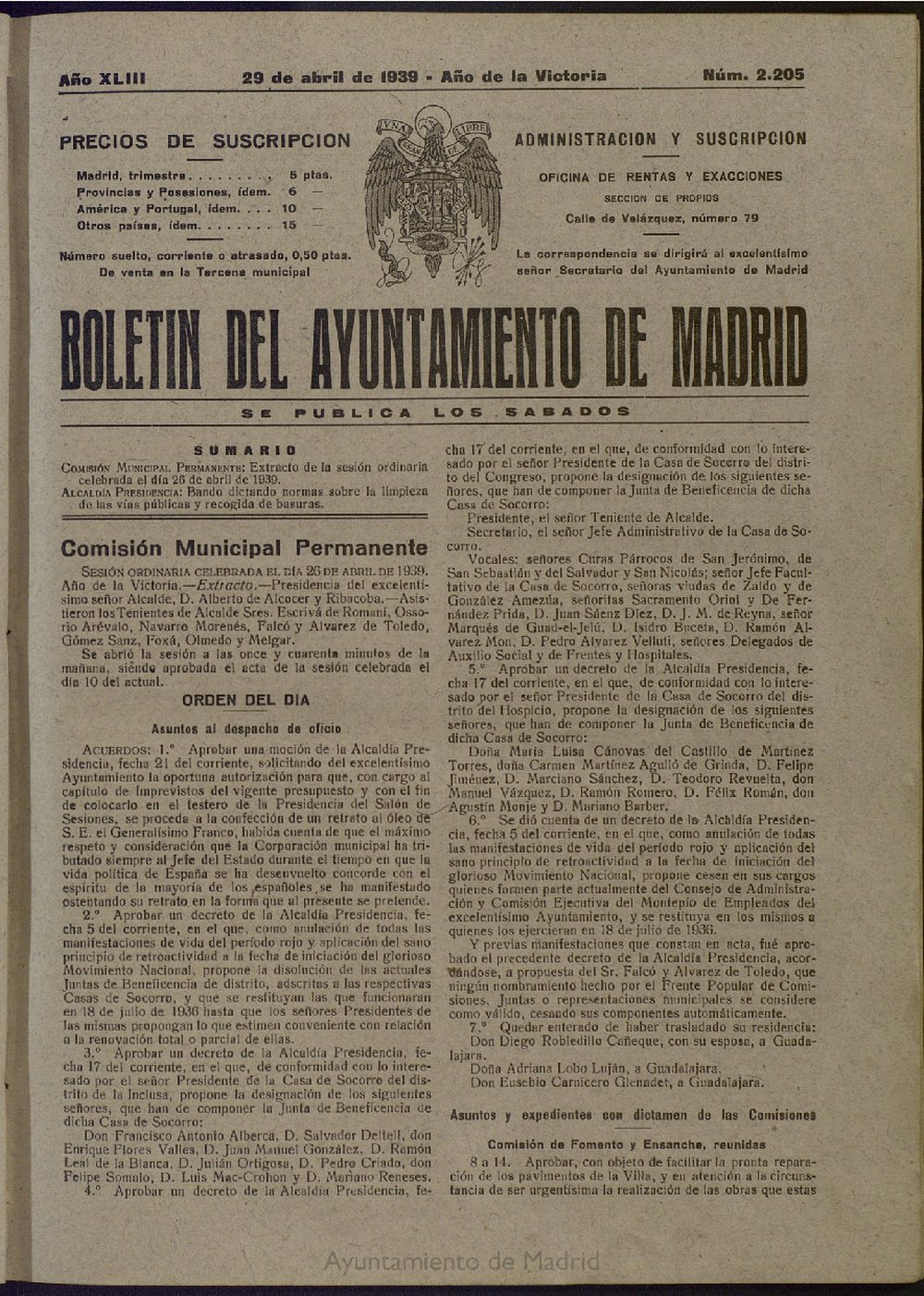 Boletn Oficial del Ayuntamiento de Madrid del 29 de abril de 1939, n 2205