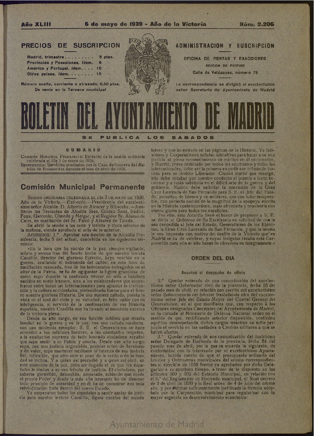 Boletín Oficial del Ayuntamiento de Madrid del 6 de mayo de 1939, nº 2206