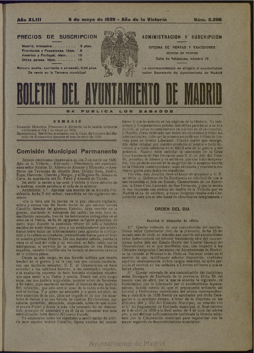 Boletn Oficial del Ayuntamiento de Madrid del 6 de mayo de 1939, n 2206